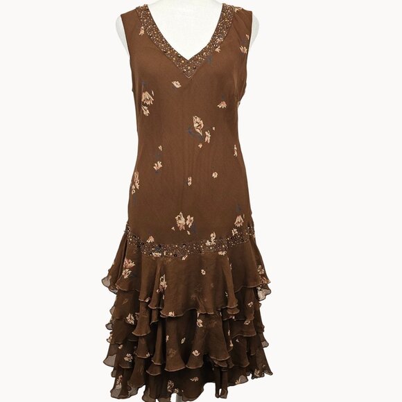 Fairy Cottage Core Dress Frilled Layer Midi Silk Brown Floral 12 Nicole Miller - Picture 1 of 16